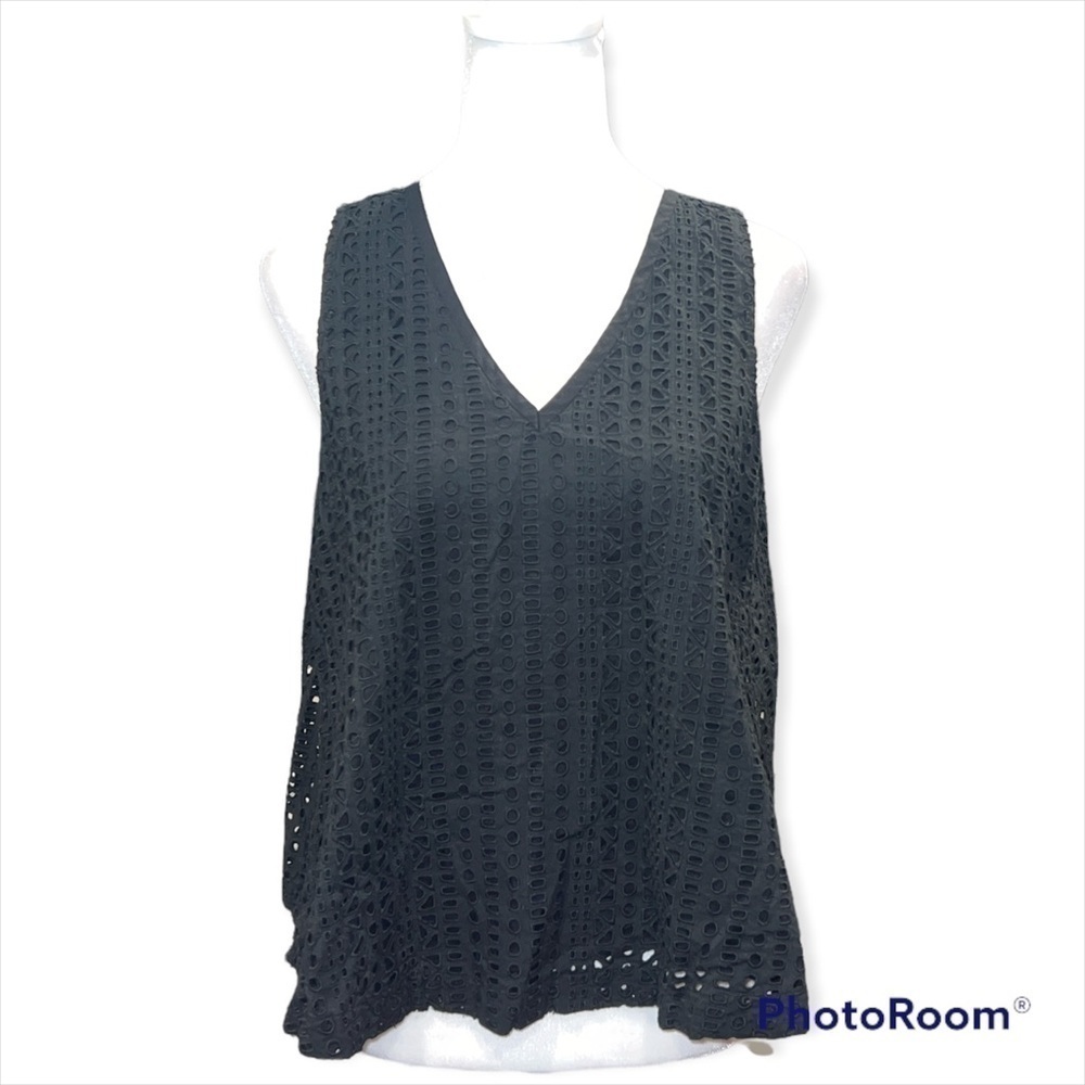 Madewell Black Eyelet Split Back V-Neck Tank Top C5780 Cotton Sleeveless Small